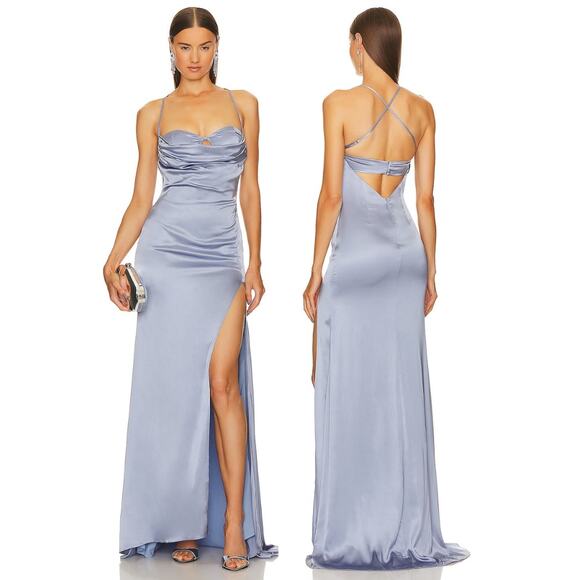 Michael Costello REVOLVE Ailana Gown Satin Adjustable Strap Side Slit Gray Small - Picture 2 of 14